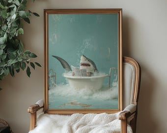 Shark Bathtub Digital Art Print | Funny Bathroom Ocean Decor | Quirky Sea Animal Wall Art