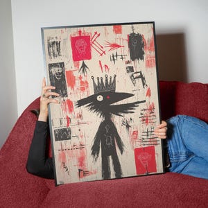 May include: A black and white illustration of a creature with a crown on its head. The creature is surrounded by red and black abstract shapes and lines. The background is a light beige color.