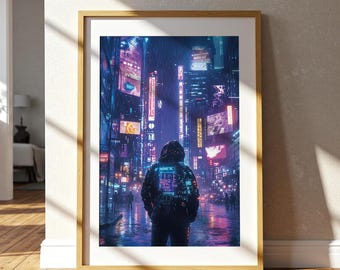 May include: A person wearing a hooded jacket with a digital display walks through a neon-lit city street at night. The street is wet from rain and the buildings are tall and modern.