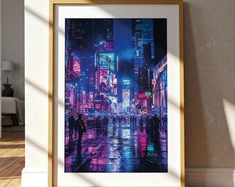 Cyberpunk Crowd Digital Art Print | Neon City Rain Scene | Futuristic Urban Wall Decor