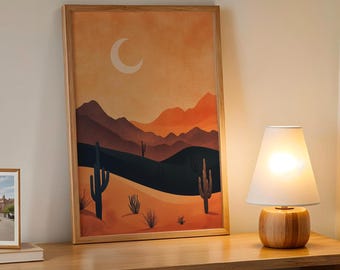 Desert Moon Cactus Landscape Digital Art Print | Warm Southwest Sunset | Minimalist Desert Wall Decor