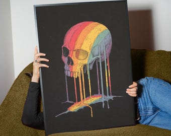 Impression d'art numérique crâne arc-en-ciel | Des néons qui font fondre | Poster gothique psychédélique trippy