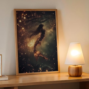 Golden Mermaid Glow Digital Art Print | Enchanting Ocean Fantasy | Ethereal Underwater Magic