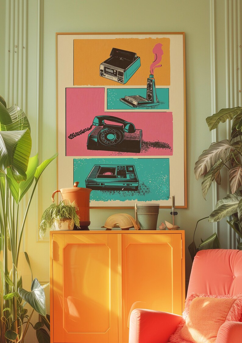 May include: A retro-style poster featuring a vintage rotary phone, a cassette player, and a record player. The poster has a comic book style with colorful panels and bold lines.