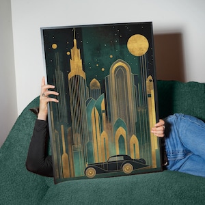 Art Deco Cityscape Digital Art Print | Gold Geometric Night Scene Poster