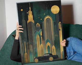 Art Deco Cityscape Digital Art Print | Gold Geometric Night Scene Poster