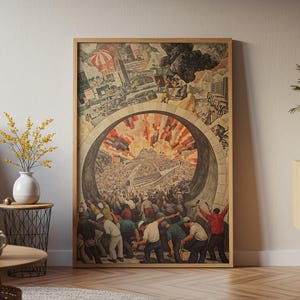 May include: A framed print of a mural depicting a crowd of people with an American flag, set within an archway. The upper portion shows a city scene with a hot air balloon and explosions. The artwork is in a vintage style.