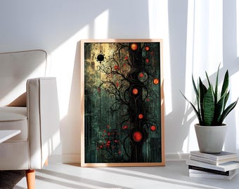 May include: A framed print of a dark, stylized tree with red orbs and a black circle in the background. The tree is set against a green and brown background.