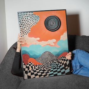 Psychedelic Sun & Checker Hills Art Print | Retro Surreal Landscape | Trippy Optical Wall Decor