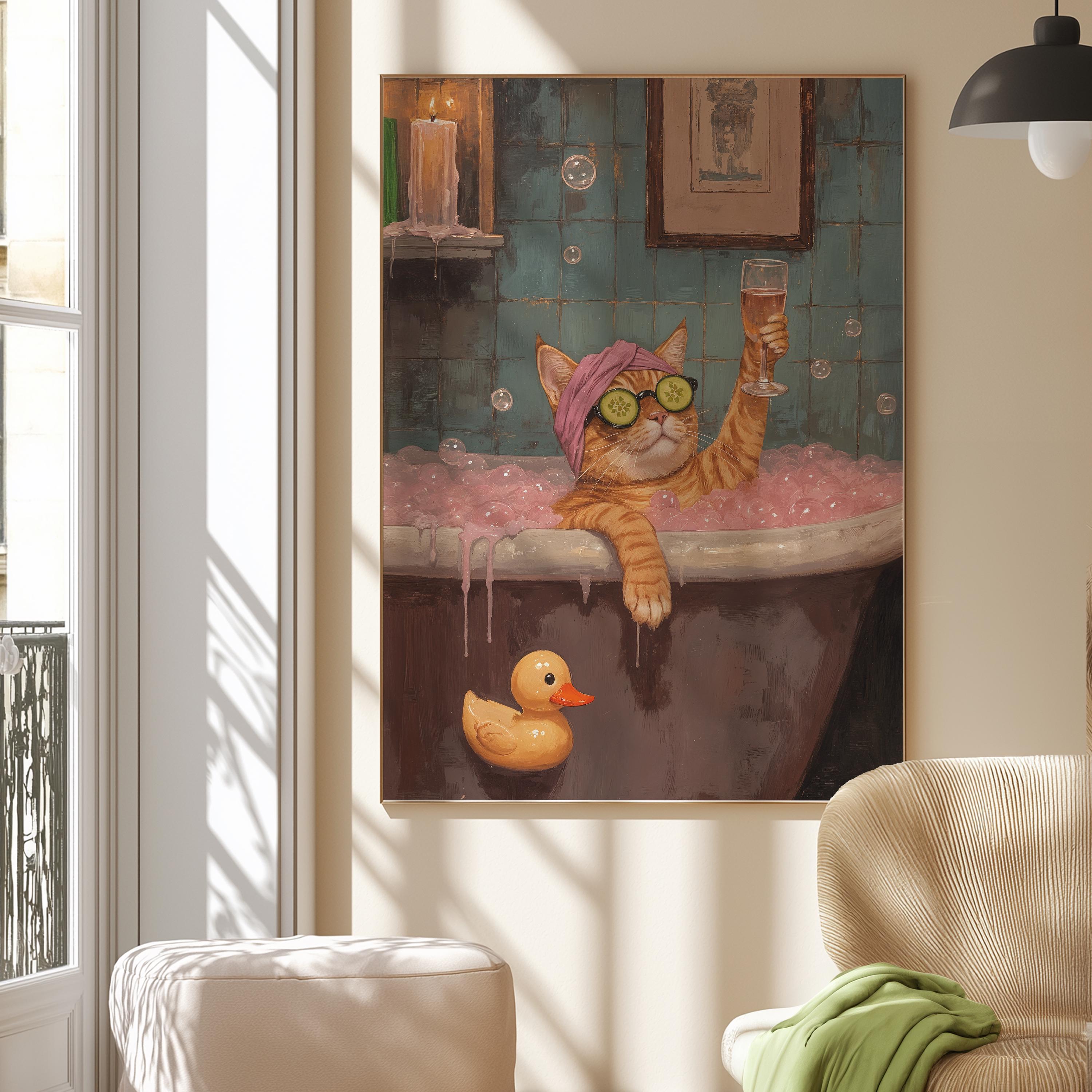 Funny Cat in Bathtub Digital Art Print | Whimsical Bathroom Decor ...