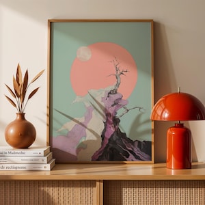 Surreal Fantasy Digital Art Print | Abstract Moon & Sun Poster | Dreamy Nature Wall Art | Mystical Tree Landscape
