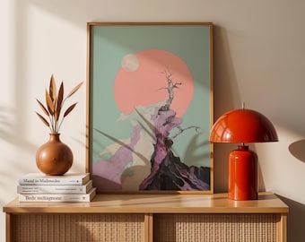 Surrealistiskt trädlandskapskonsttryck: Mystisk måne och sol (digital nedladdning)