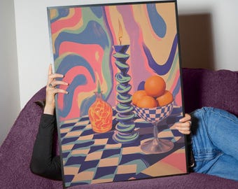 Funky Candle & Oranges Digital Art Print | Surreal Retro Kitchen Decor Poster
