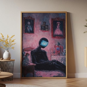 TV Head Digital Art Print | Surreal Robot Bedroom Poster | Retro Sci-Fi Dark Wall Art