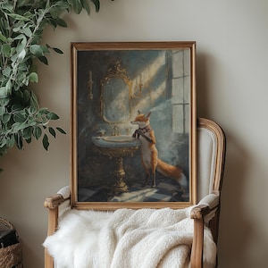 May include: A framed painting depicting a fox in a bathroom setting. The fox is wearing a bow tie and gazing at its reflection in a mirror. The bathroom features a vintage design with a clawfoot bath and gold fittings.