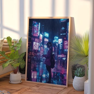 Cyberpunk City Art Print | Futuristic Neon Rain Scene | Sci-Fi Urban Night Decor