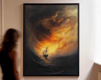 May include: A framed painting of a ship at sea in a storm. The artwork shows a dark, turbulent sea with a ship silhouetted against a fiery, orange and yellow sky. The painting is in a black frame.