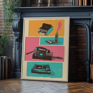 May include: A vintage-style poster featuring a collection of retro electronics in a comic book style. The poster features a teal and pink color scheme and includes a rotary phone, a vintage cassette player, a vintage camera, and a vintage answering machine.