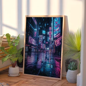 Cyberpunk Cityscape Art Print | Neon Rain Street Scene | Futuristic Urban Night Decor