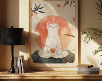 禅猫の壁掛けアート - 源氏による深遠な静寂を描いた日本の水墨画