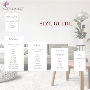 May include: A size guide for printing photos in different ratios, including 2x3, 3x4, 4x5, and ISO sizes. The guide shows the corresponding dimensions in inches and centimeters for each ratio.