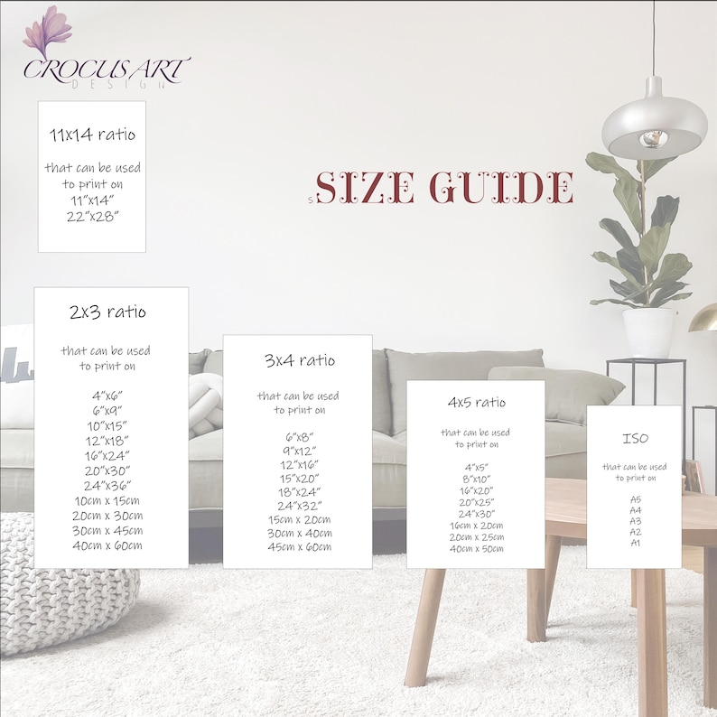 May include: A size guide for printing photos in different ratios, including 2x3, 3x4, 4x5, and ISO sizes. The guide shows the corresponding dimensions in inches and centimeters for each ratio.