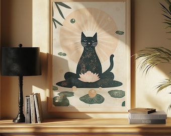 Zen Cat & Lotus Digital Art Print | Tranquil Meditation Poster | Meditative Feline Wall Art