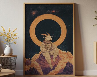 Space Goat Astronaut Digital Art Print | Surreal Cosmic Poster | Fantasy Space Wall Decor