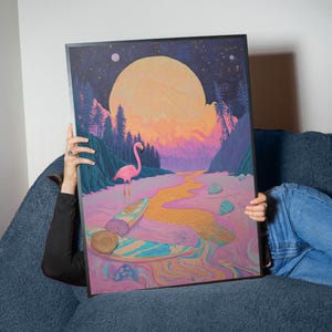 May include: A pink flamingo stands on a surfboard in a surreal landscape with a large, yellow moon and a winding river. The river is a vibrant blue and green, and the surrounding landscape is a mix of purple, pink, and blue.