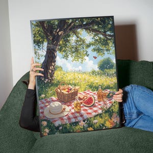 Sunny Picnic Scene Digital Art Print | Summer Meadow Poster | Outdoor Tranquility Wall Art