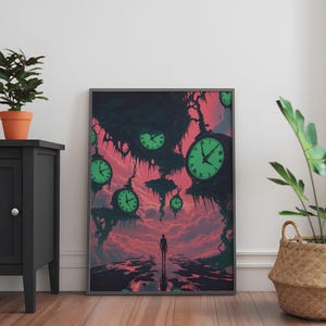 May include: A surreal digital art print featuring a lone figure walking on a path surrounded by floating clocks in a pink and purple sky.