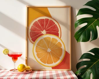 Citrus Pop Digital Art Print | Pomarańczowo-grejpfrutowa sztuka kuchenna | Dekoracja ścienna z owocami w stylu retro