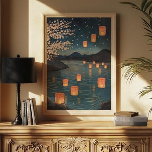 Cherry Blossom Lanterns Digital Art Print | Serene Twilight River Scene | Japanese Tranquil Night Wall Art