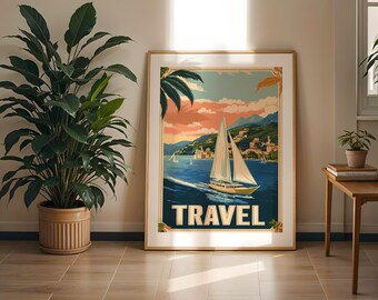 Vintage Mediterranean Sailing Print: Retro Coastal Travel Poster (Digital Download)