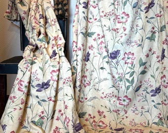 Vintage French Floral Drapes: Purple & Pink Wildflower Print, Lined Pair