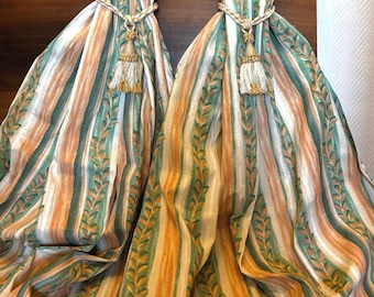 Vintage Cotton French Curtains: Peach Turquoise Leaf Vine