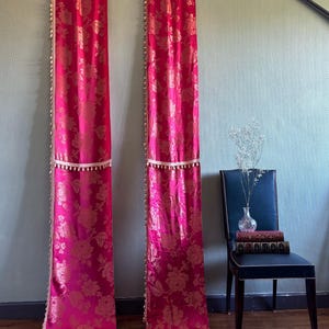 Vintage Italian Silk Damask Curtain Panels: Ruby Red Gold Floral Tassel Trim, 114&quot; Long
