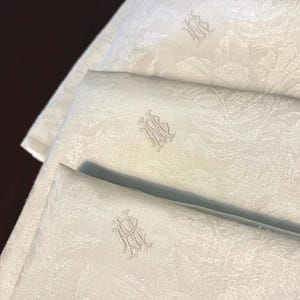 Servilletas de lino damasco francés vintage - Monograma &#39;BM&#39; - Juego de 4