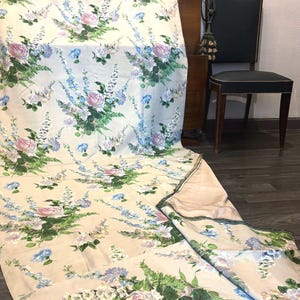 Antique French Silk Château Curtain | Roses + Lupins | Hand-Printed Panel | 280cm Long | Estate Textile