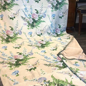 Antique French Silk Château Curtain | Roses + Lupins | Hand-Printed Panel | 280cm Long | Estate Textile