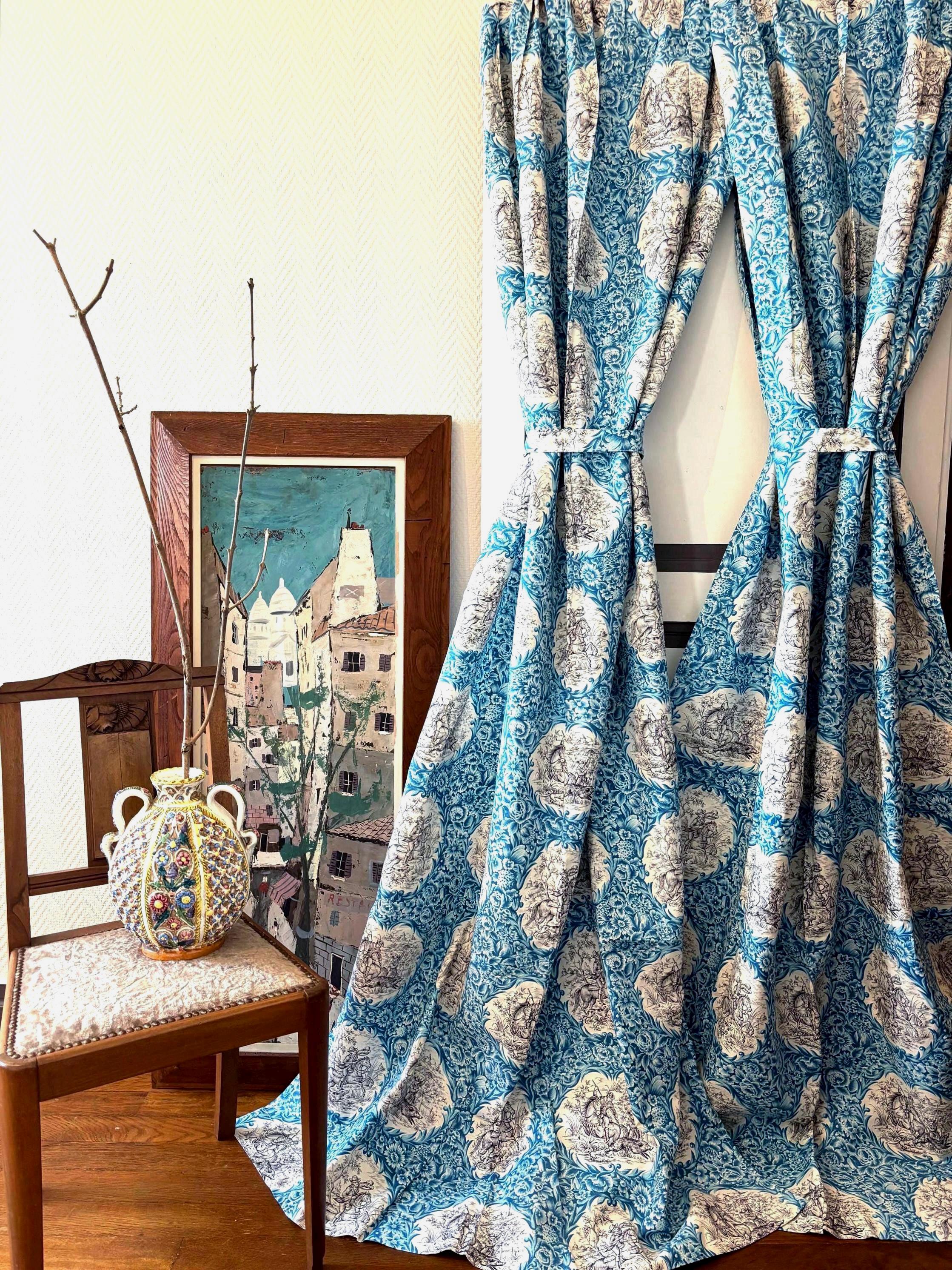 ヴィンテージフレンチトワルカーテン：ブルーシーンファブリック、タイ
