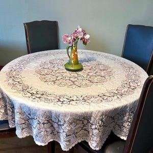 French Lace White Embroidered Vintage Round Acrylic Tablecloth - Antique Textile Dralon
