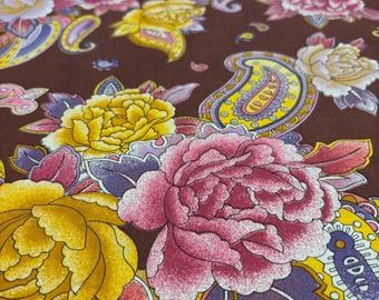 Panel de tela floral francés vintage: Remolino de cachemira de los años 70, algodón marrón chocolate (130 x 180 cm)