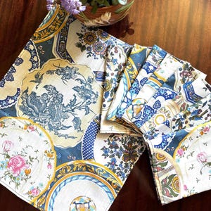 Vintage French Handmade Cotton Napkins – Set of 9 – Mixed Plate and Floral Print, 1980s Cotton Fabric, Blue & Gold