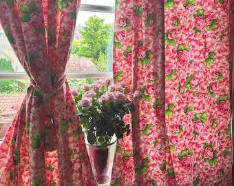 Vintage Rose Cotton Curtains: French Floral Lined Panels