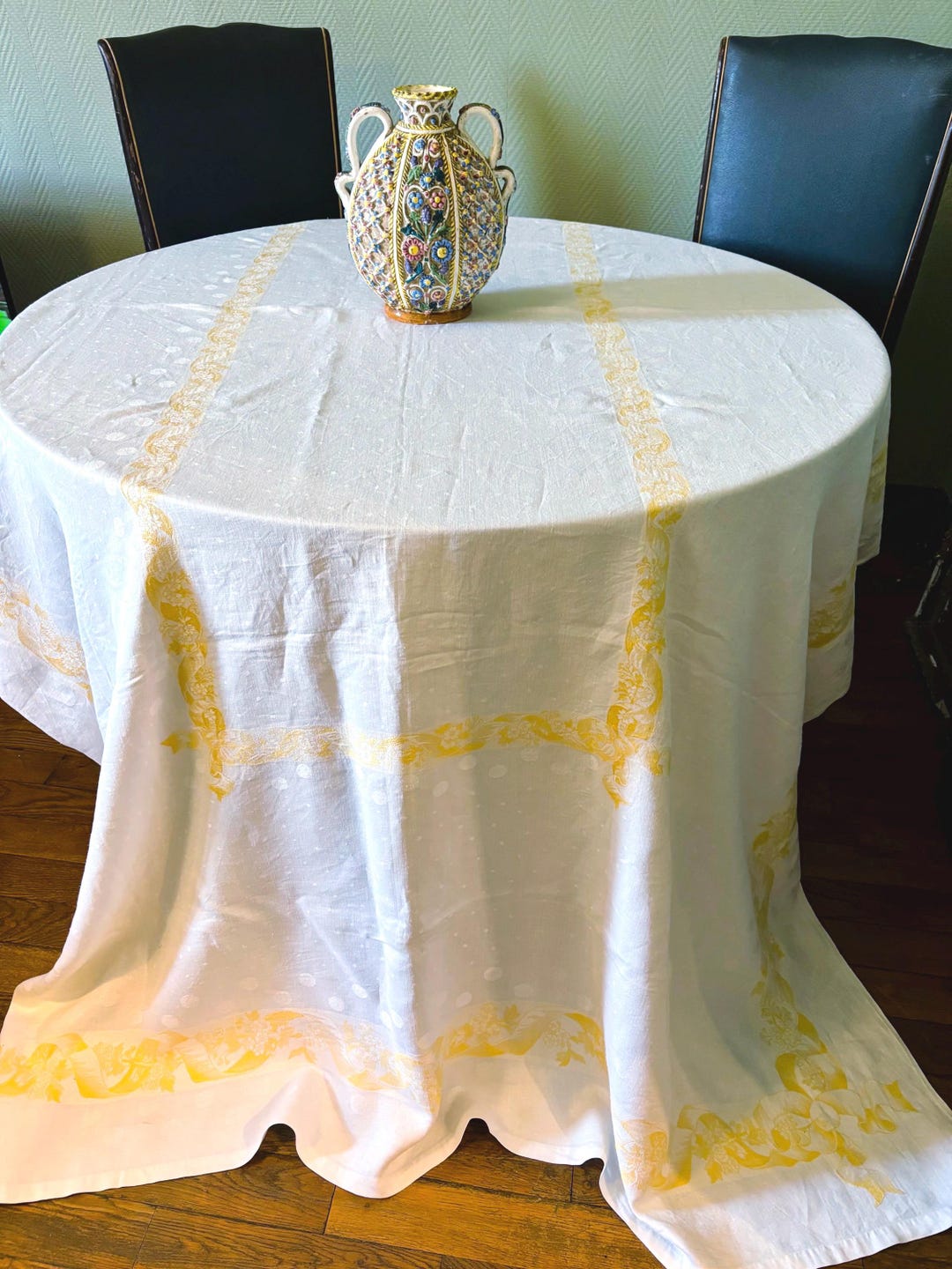 Rare French Damask Embroidered Yellow and White Tablecloth - Large ...