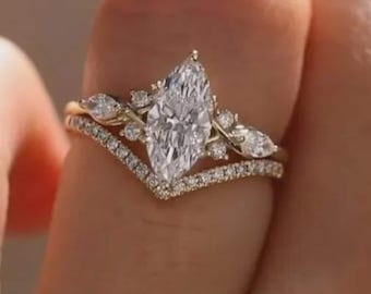 Marquise Cut Diamond Bridal Ring Set, Vintage Style Ring Set Engagement Ring Set IGI Certified Lab Grown Diamond Half Eternity Matching Band