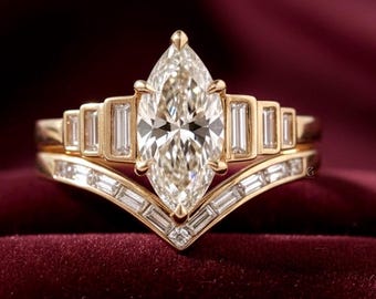 Conjunto de anillo de compromiso con diamante cultivado en laboratorio talla marquesa, alianza apilable con diamantes talla baguette y diseño de espiga, conjunto nupcial Art Déco, conjunto de anillo llamativo de estilo vintage.