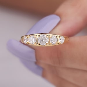5 Stein Diamant Ring 1 Karat 14k massives Gelbgold fünf Stein Ehering Lab gewachsen Diamant Hochzeit Armreif, Art-Deco-Jubiläum Geschenk Band