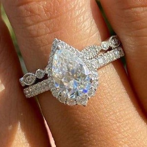 3.5CT Pear Cut Vintage Bridal Ring Set, Pear Cut Lab Grown Diamond Halo Ring Set, Tear Drop Ring Set, Vintage Half Eternity Wedding Band